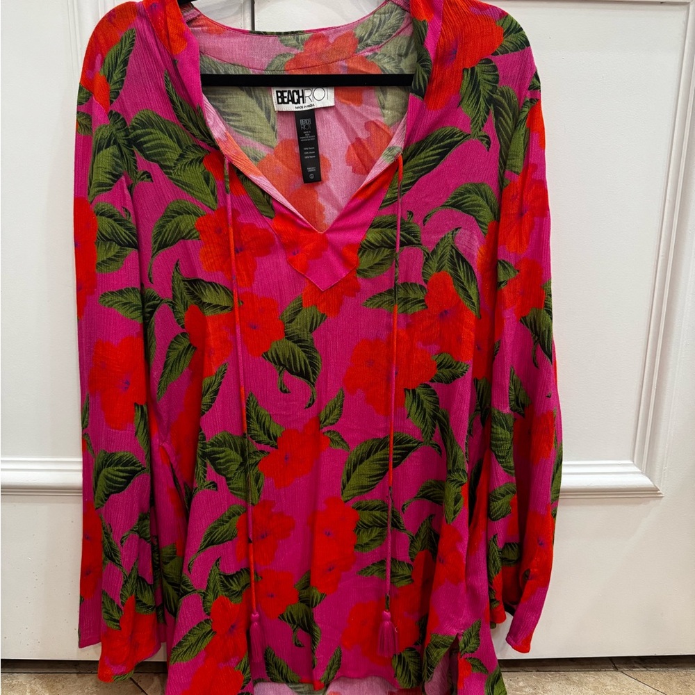 Beach Riot Red and Green and orange  Graphic Long Sleeve cover up dress